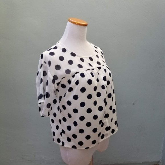 J.O.A. Polka Dot Sheer Blouse Navy White Small - Picture 4 of 6